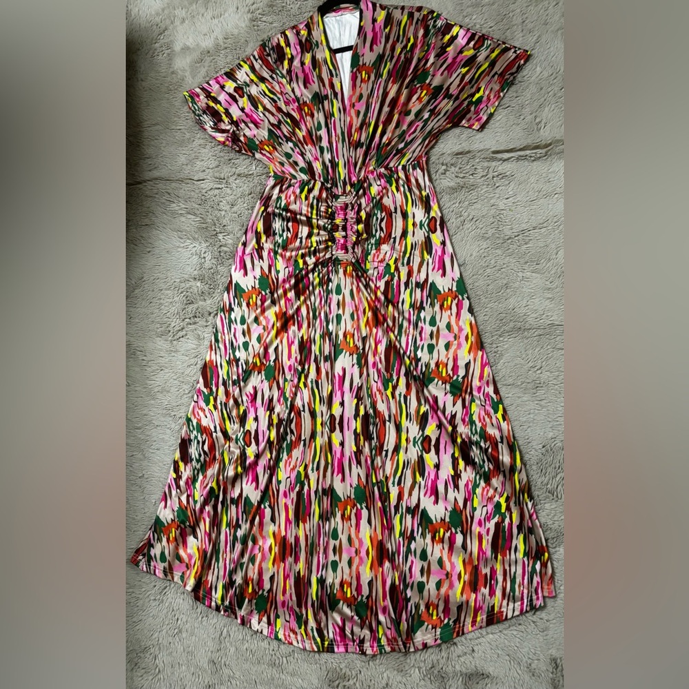 SHEIN Multicolor Printed Midi Dress - Pink, Green, Yellow, Black Size: 12, XL